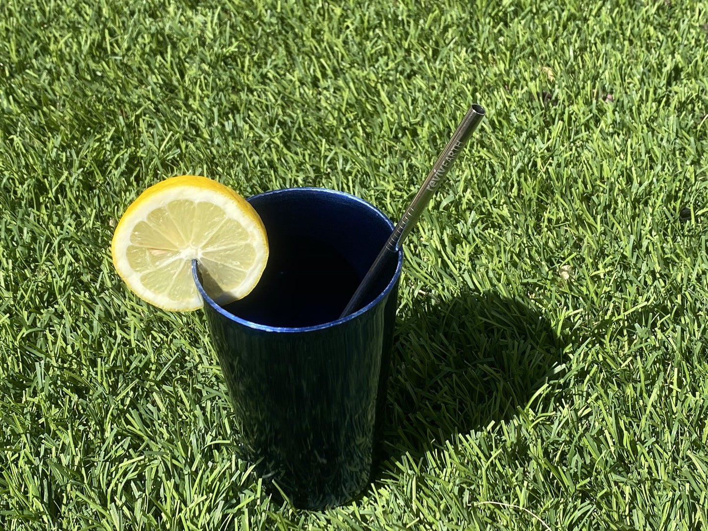 A straw stainless steel inside a black glass with a slice of lemon
