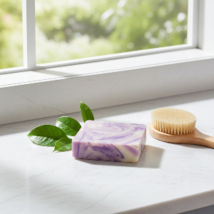 A purple and white swirled eco friendly bar soap displayed on a bright marble ledge next to a wooden dry brush and fresh green leaves.