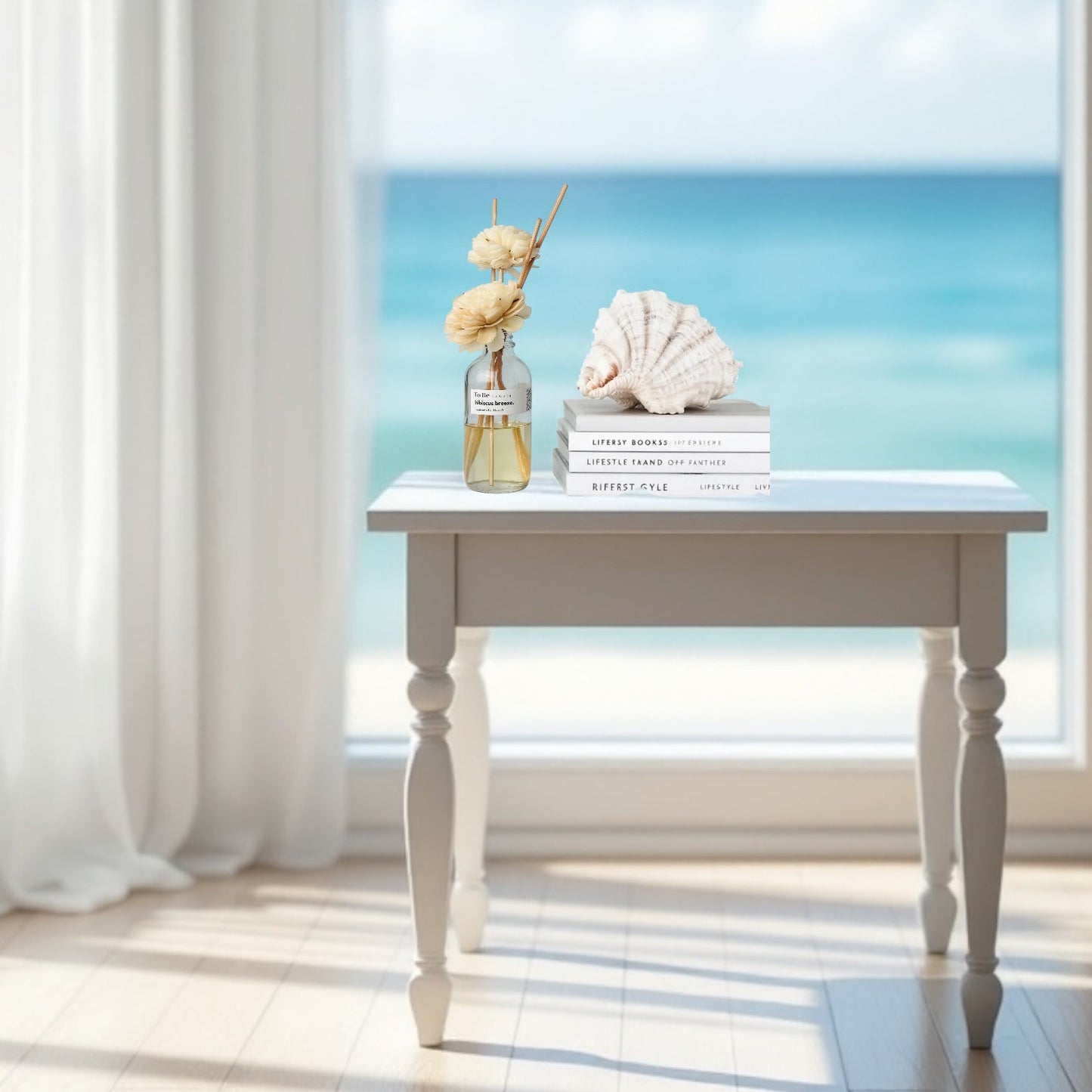 White table with decorative items in a room with a large window showing a blue sky.