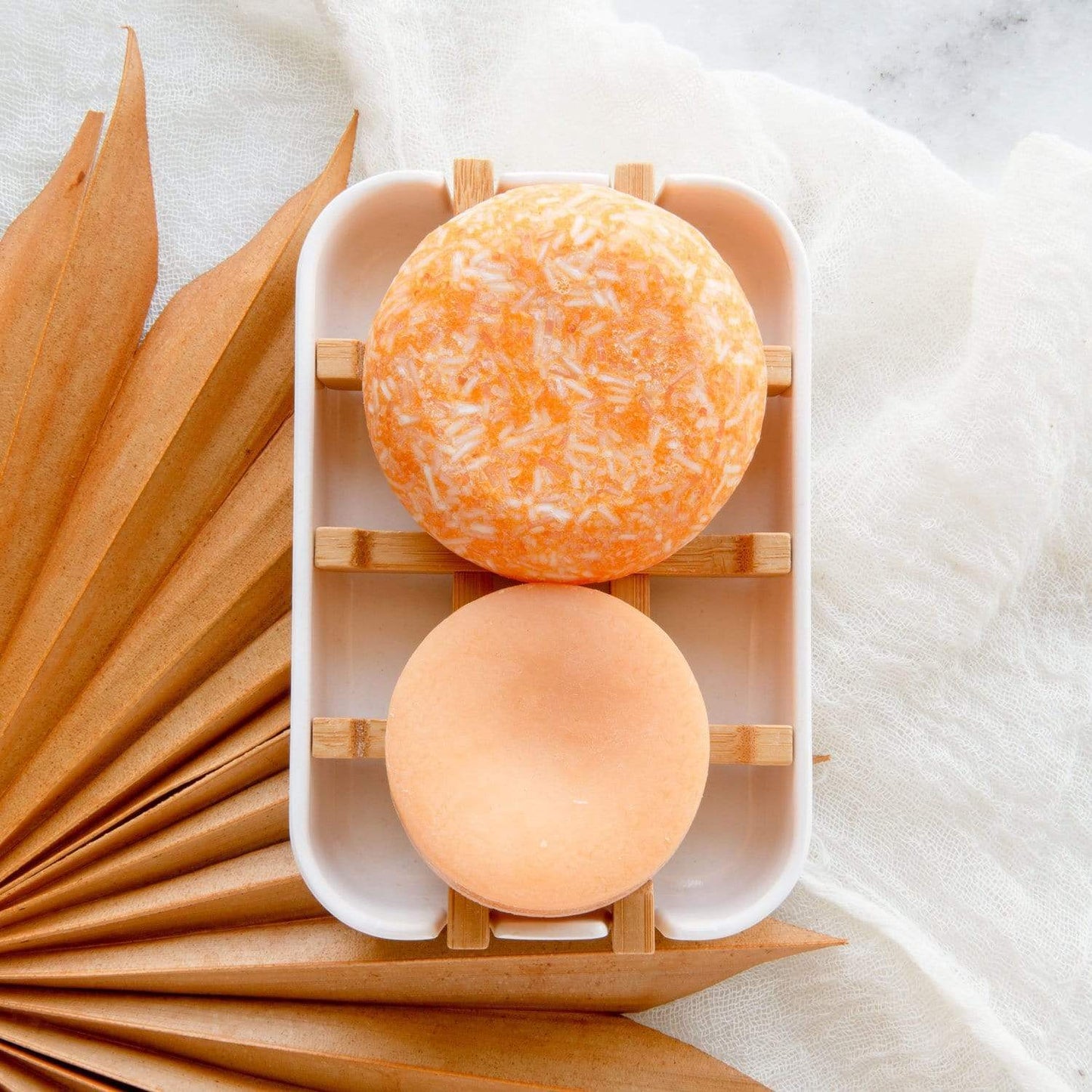 Shampoo and conditioner bar on a soap dish next to a brown leaf fan.