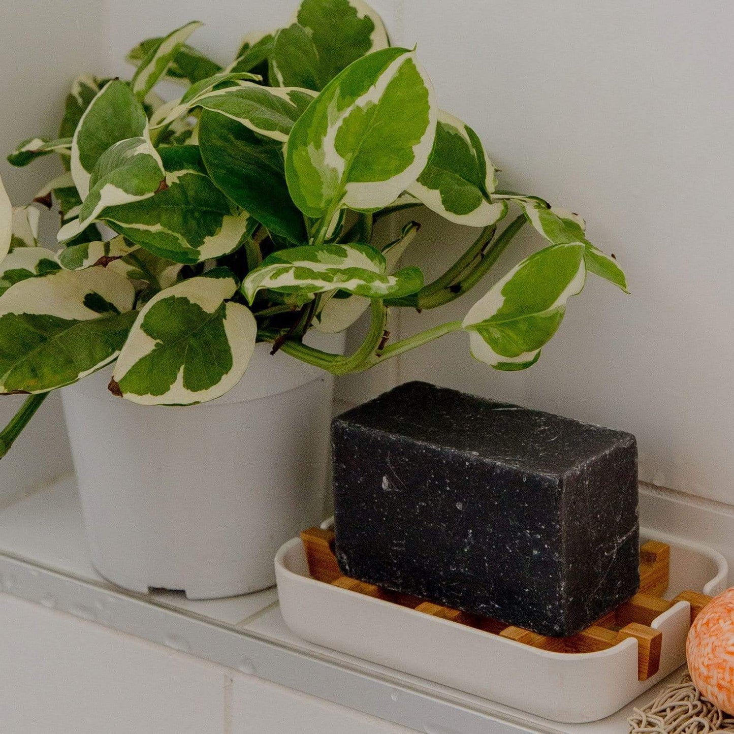 Black soap bar on a wooden soap dish with a green leafy plant in the background.