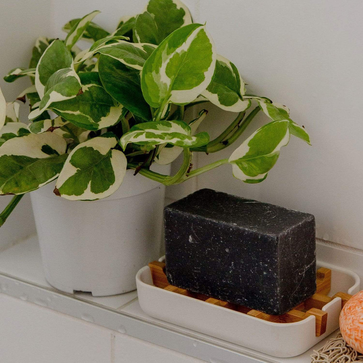 Black soap bar on a wooden soap dish with a green leafy plant in the background.