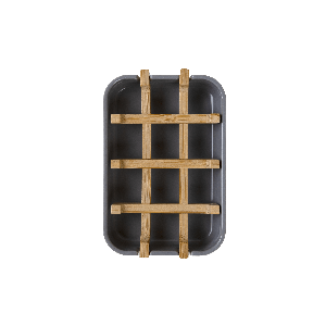 Dark gray rectangular tray with a wooden grid on a transparent background