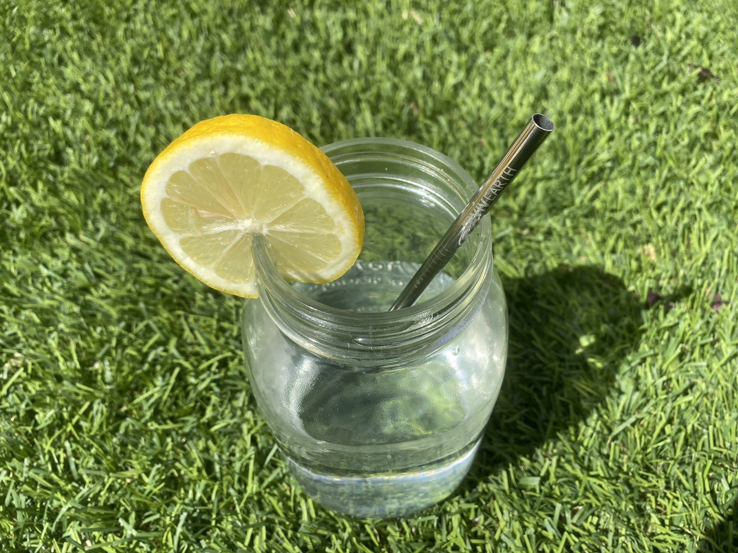 A straw made of stainless steel inside a glass of water with a slice of lemon.