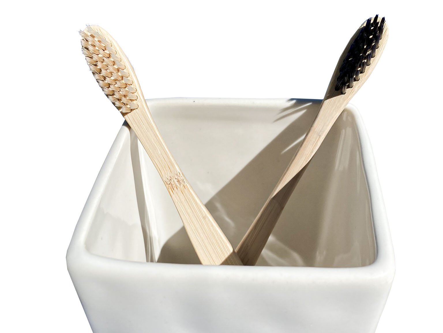 Two Bamboo Toothbrushes with natural wooden handles, one with white bristles and one with black bristles, resting inside a white ceramic holder.