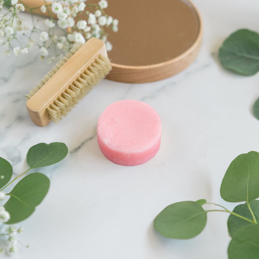 A circular, brown solid conditioner bar displayed on a clean white background with natural botanical accents.