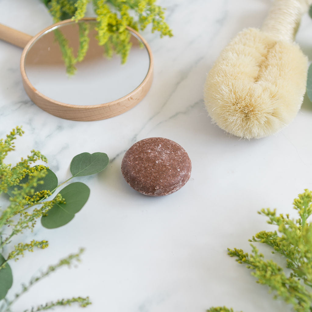A round natural shampoo bar placed on a marble surface surrounded by green foliage and a white, fluffy brush in the background.
