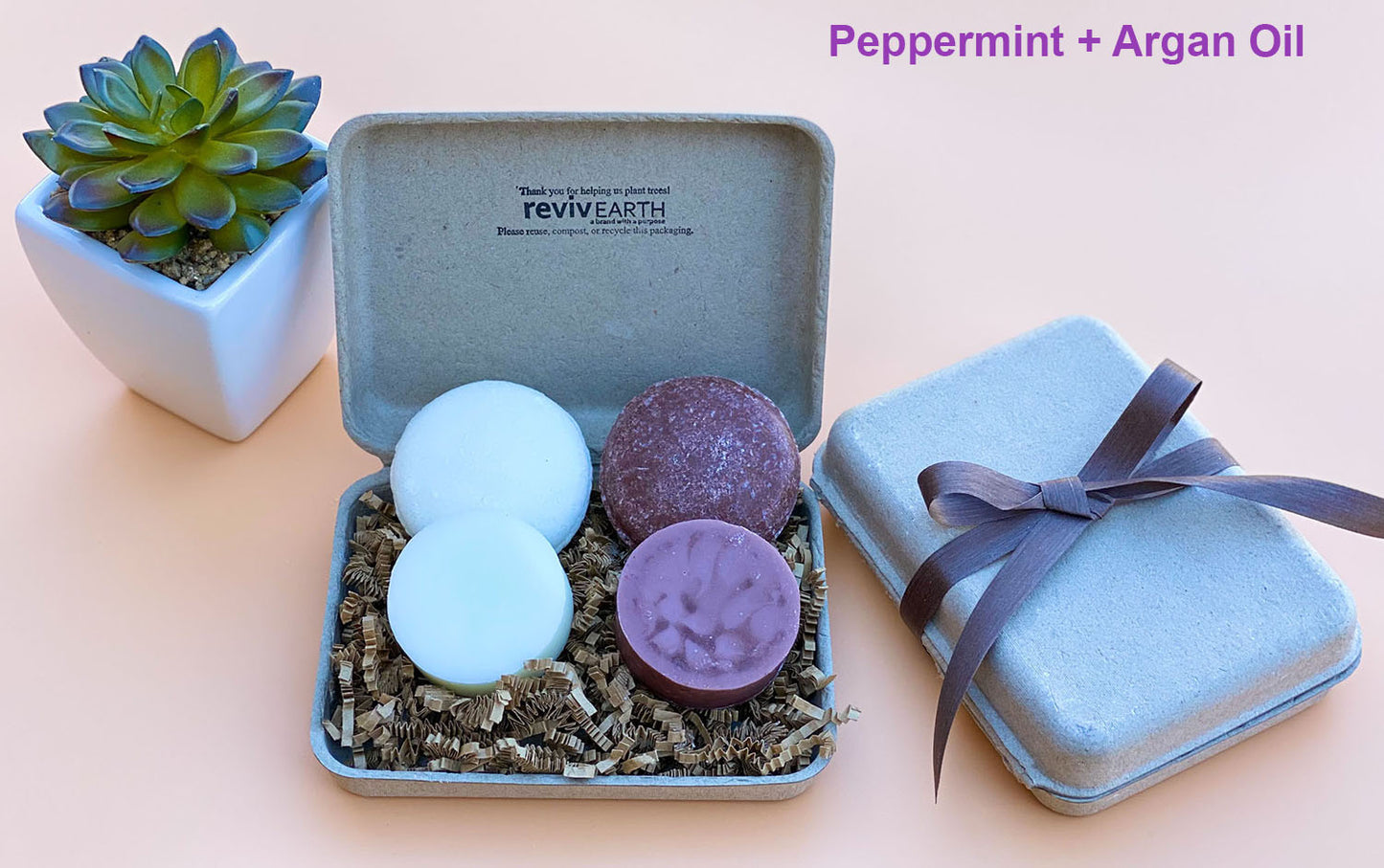 Peppermint and Argan Oil spa set gift featuring two white and two purple solid shampoo and conditioner bars in an open eco-friendly molded pulp box with a matching ribbon-tied gift box."