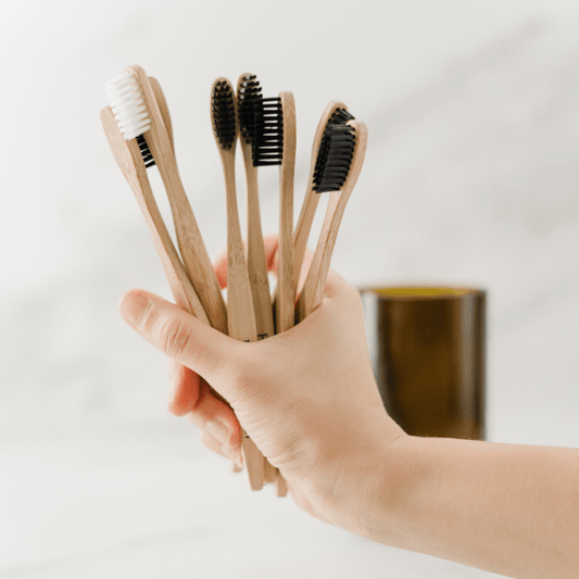 A hand holding a collection of the best bamboo toothbrushes with both white and black bristles.